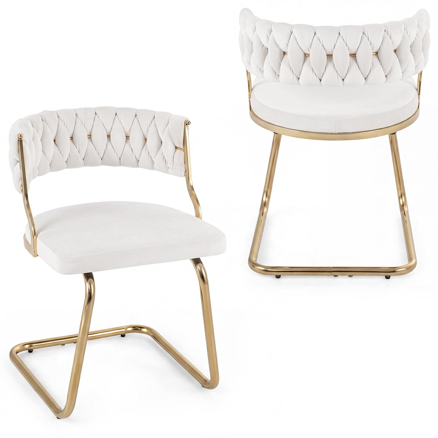 2 Pieces Velvet Dining Chairs with Curved Back and Sled Metal Base-White