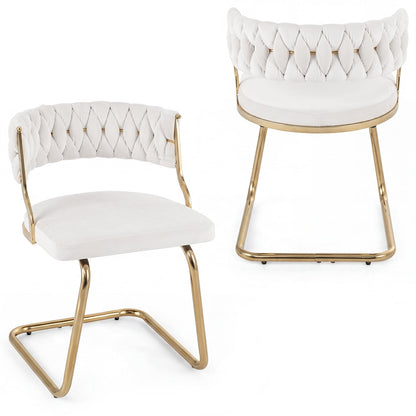 2 Pieces Velvet Dining Chairs with Curved Back and Sled Metal Base-White