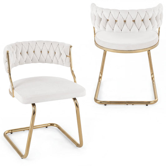2 Pieces Velvet Dining Chairs with Curved Back and Sled Metal Base-White