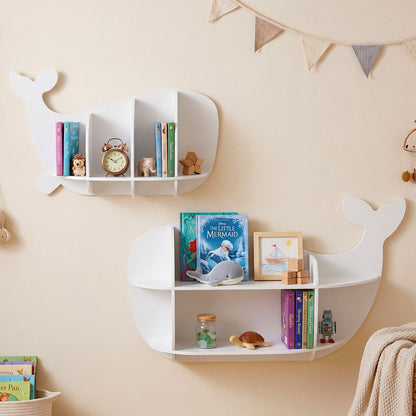 2 Pieces Whale Floating Shelves with Compartments for Kid's Room-White