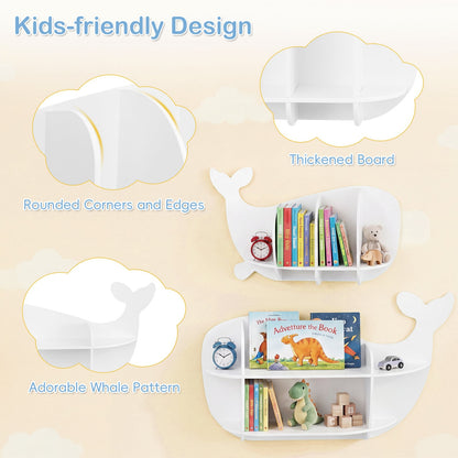 2 Pieces Whale Floating Shelves with Compartments for Kid's Room-White