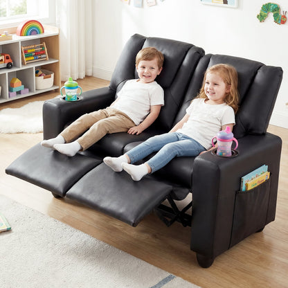 2-Seater Kids Recliner with Cup Holders & Storage Pockets and Adjustable Backrest-Black