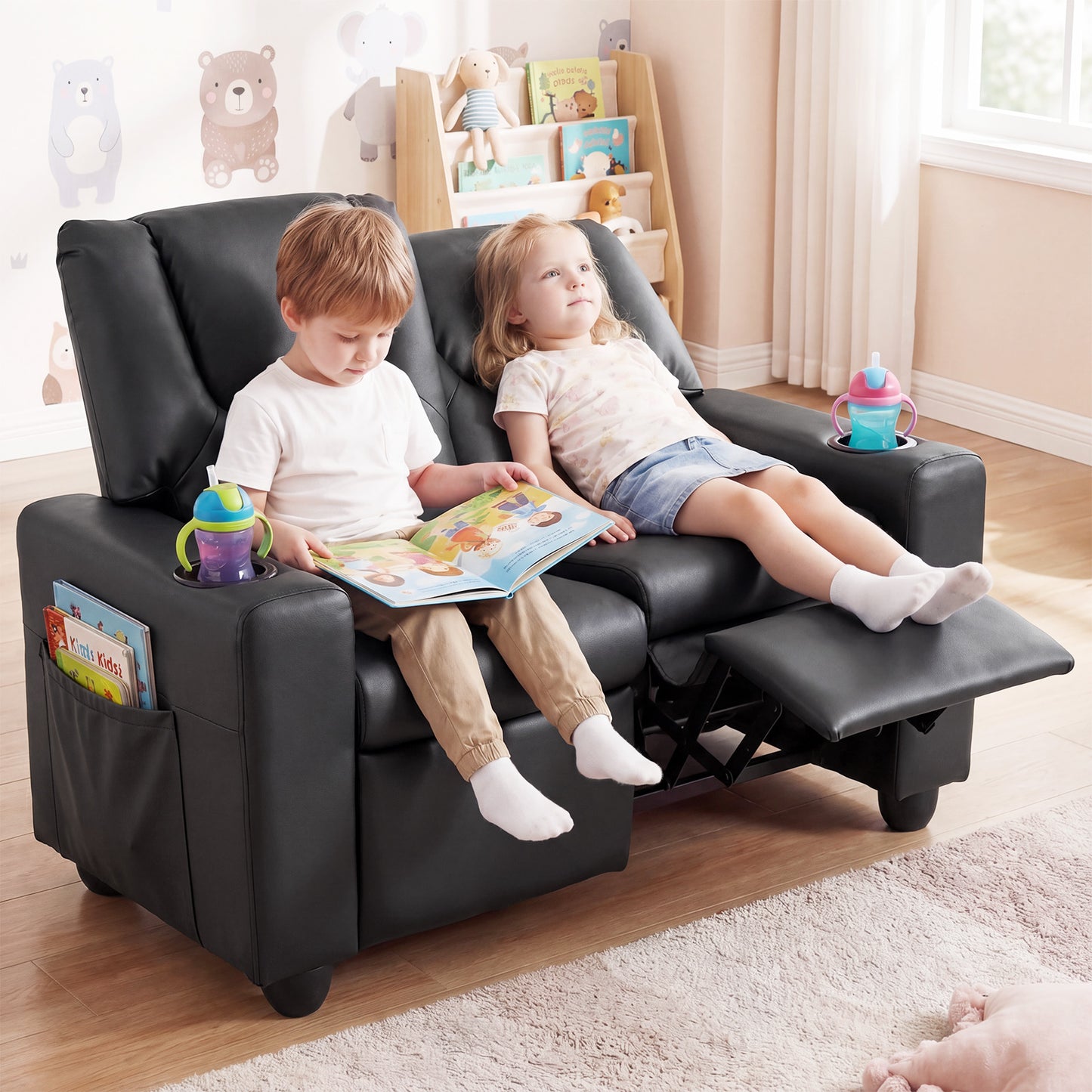 2-Seater Kids Recliner with Cup Holders & Storage Pockets and Adjustable Backrest-Black