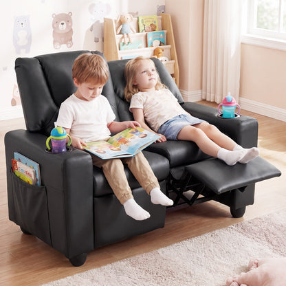 2-Seater Kids Recliner with Cup Holders & Storage Pockets and Adjustable Backrest-Black