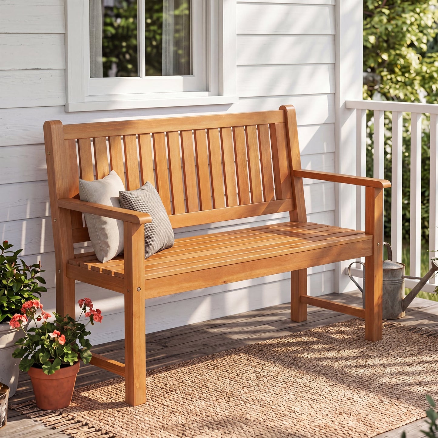 2-Seater Outdoor Wooden Bench Garden Loveseat Bench with Backrest-Yellow