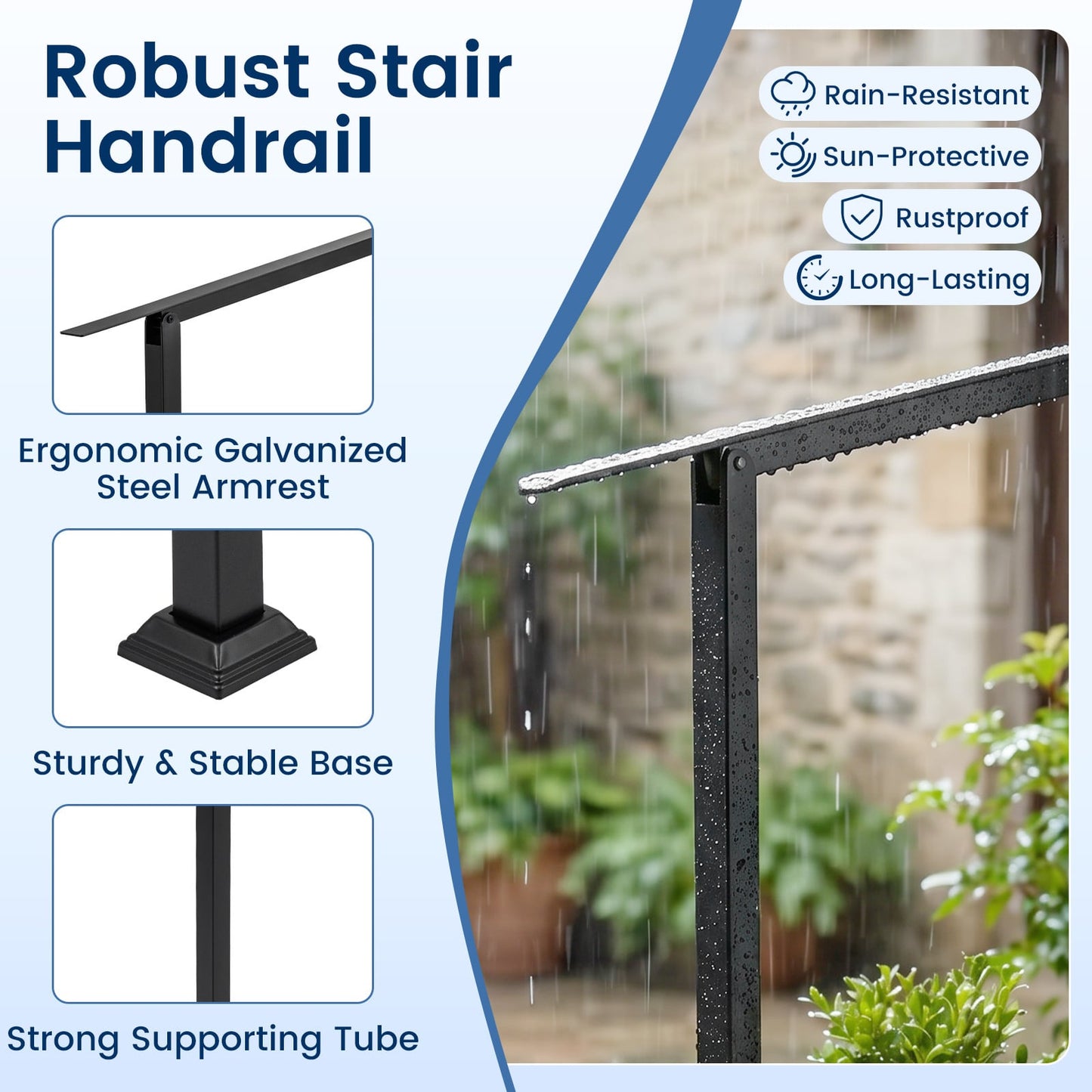 2 Step Stair Railing Kit with Angle-Adjustable Armrest and Galvanized Steel Frame for Porch