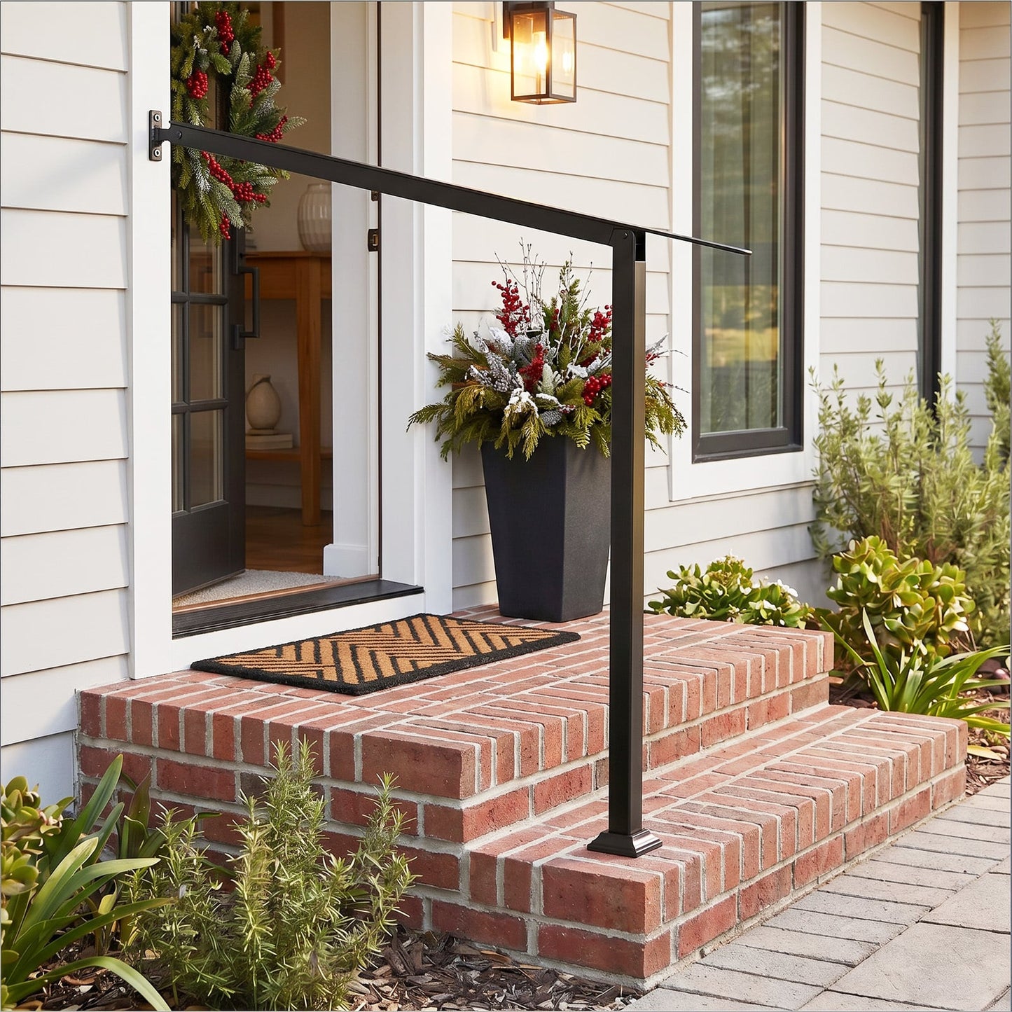2 Step Stair Railing Kit with Angle-Adjustable Armrest and Galvanized Steel Frame for Porch