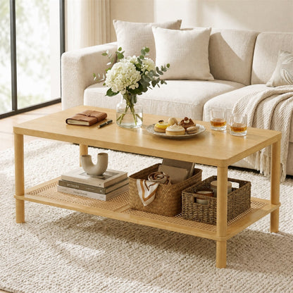 2-Tier Boho Coffee Table for Living Room Rectangular Center Table with Rubber Wood Frame-Natural