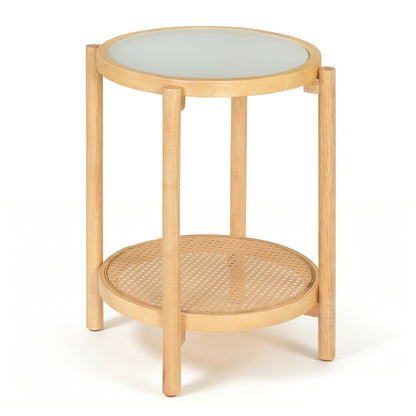 2-Tier Boho End Table with Tempered Glass Top for Living Room-Natural