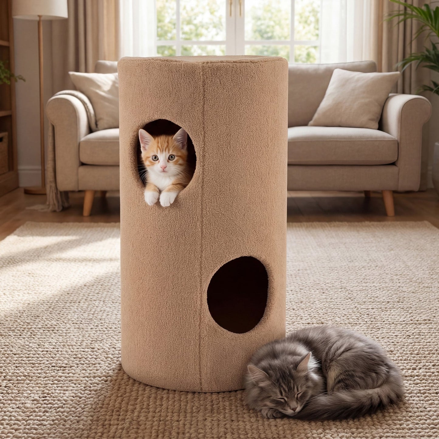 2-Tier Cat House for Indoor Cats with Sisal Scratching Mat Hideaway Cave and Bear Accents-Brown