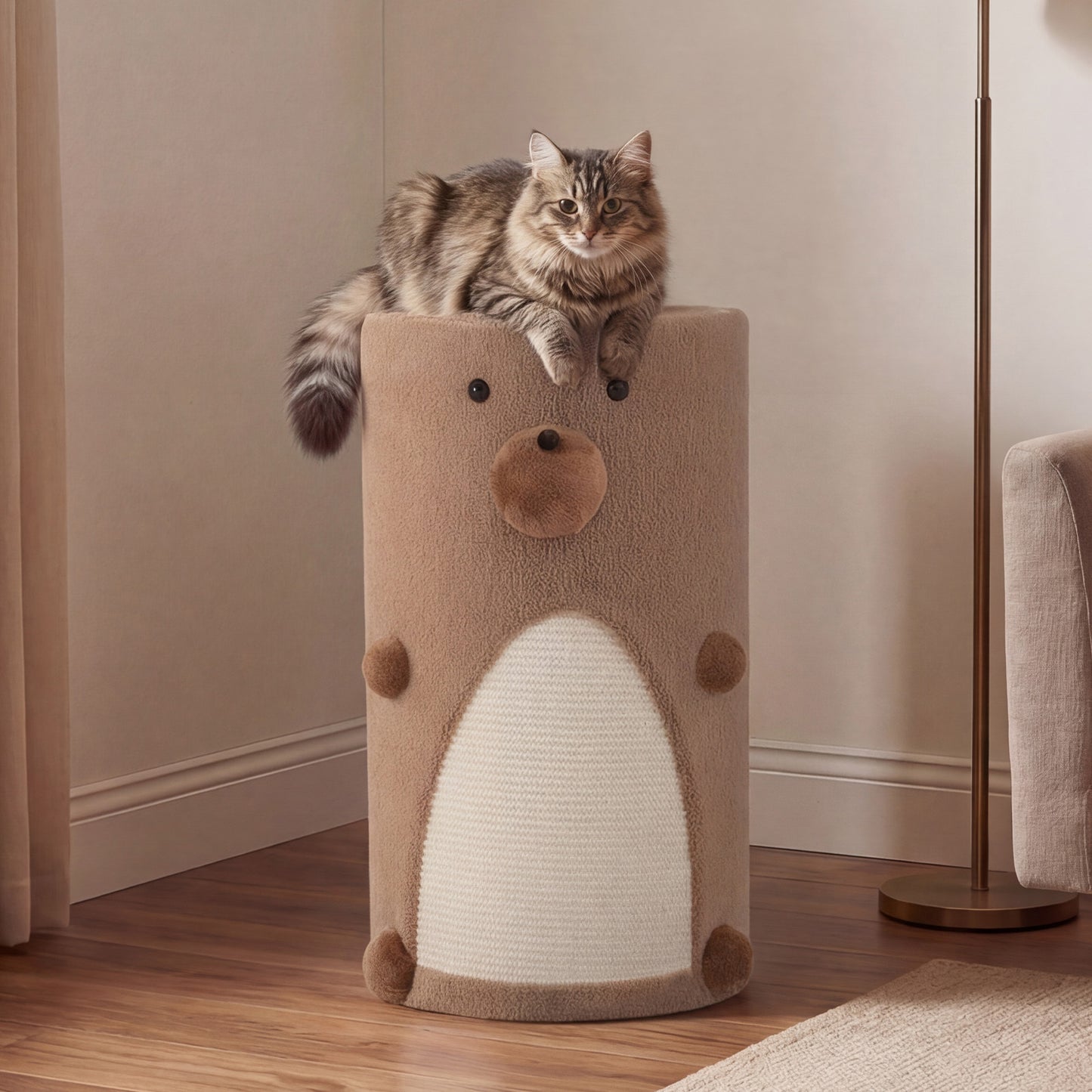 2-Tier Cat House for Indoor Cats with Sisal Scratching Mat Hideaway Cave and Bear Accents-Brown