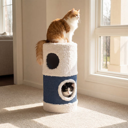 2-Tier Cat House for Indoor Cats with Sisal Scratching Mat Hideaway Cave and Covered Bed-Blue