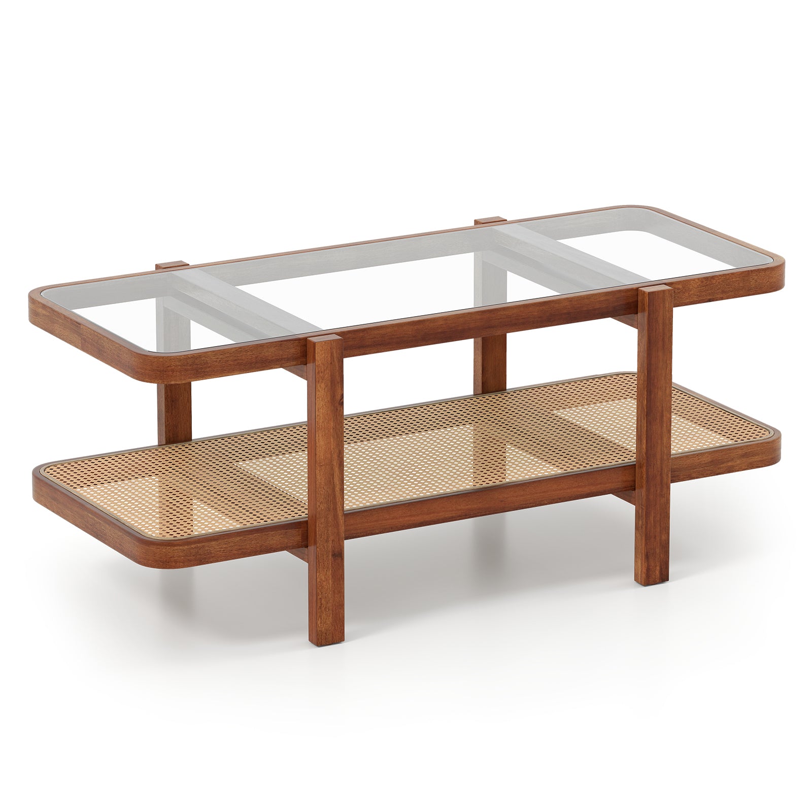 2-Tier Coffee Table with Storage Rectangular Center Table with Tempered Glass Top-Brown