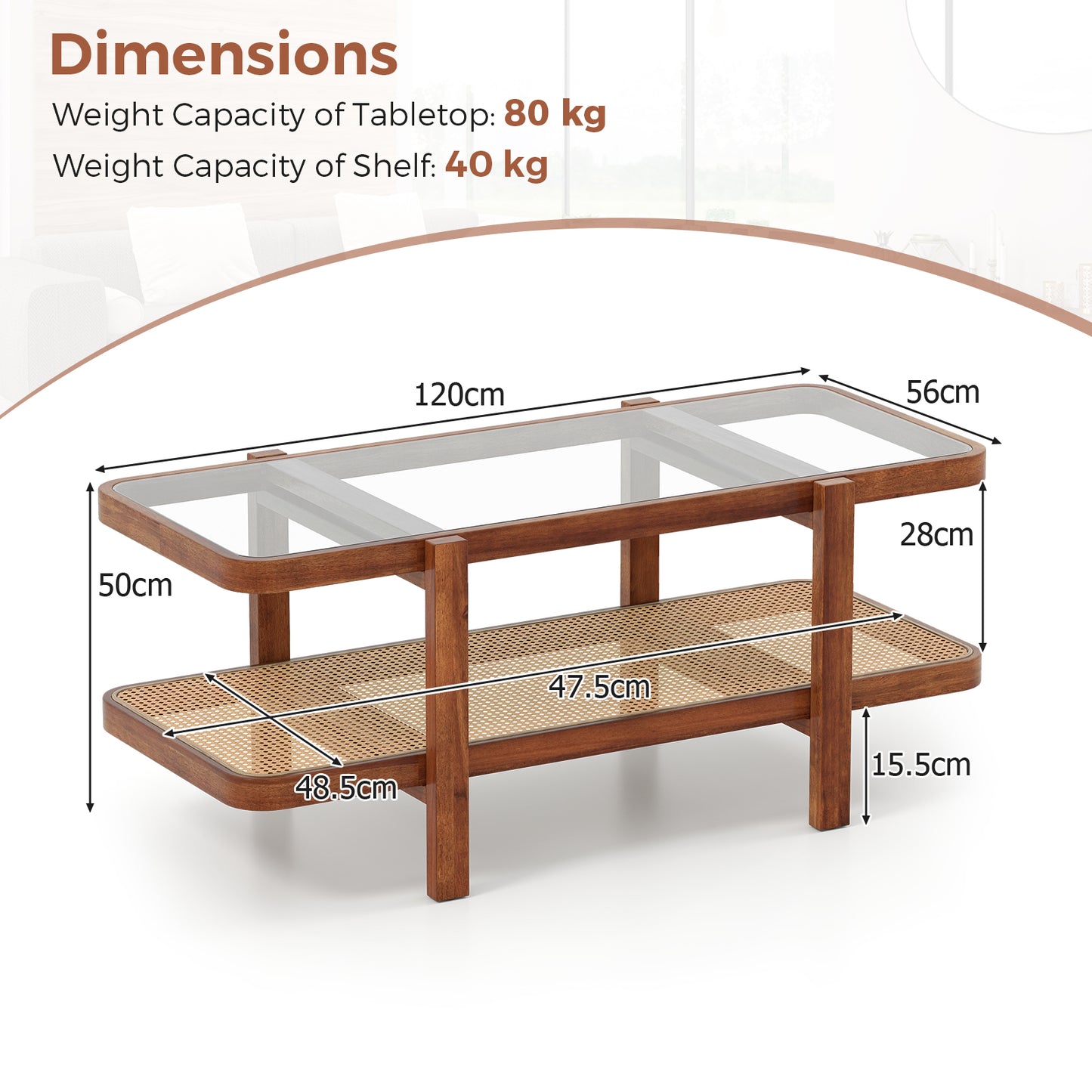 2-Tier Coffee Table with Storage Rectangular Center Table with Tempered Glass Top-Brown
