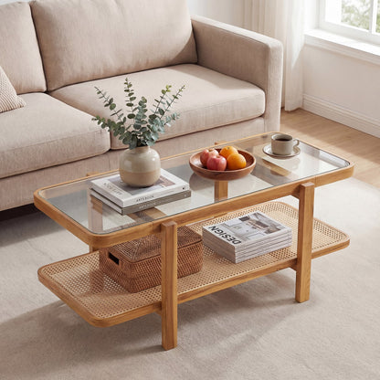 2-Tier Coffee Table with Storage Rectangular Center Table with Tempered Glass Top-Light Brown
