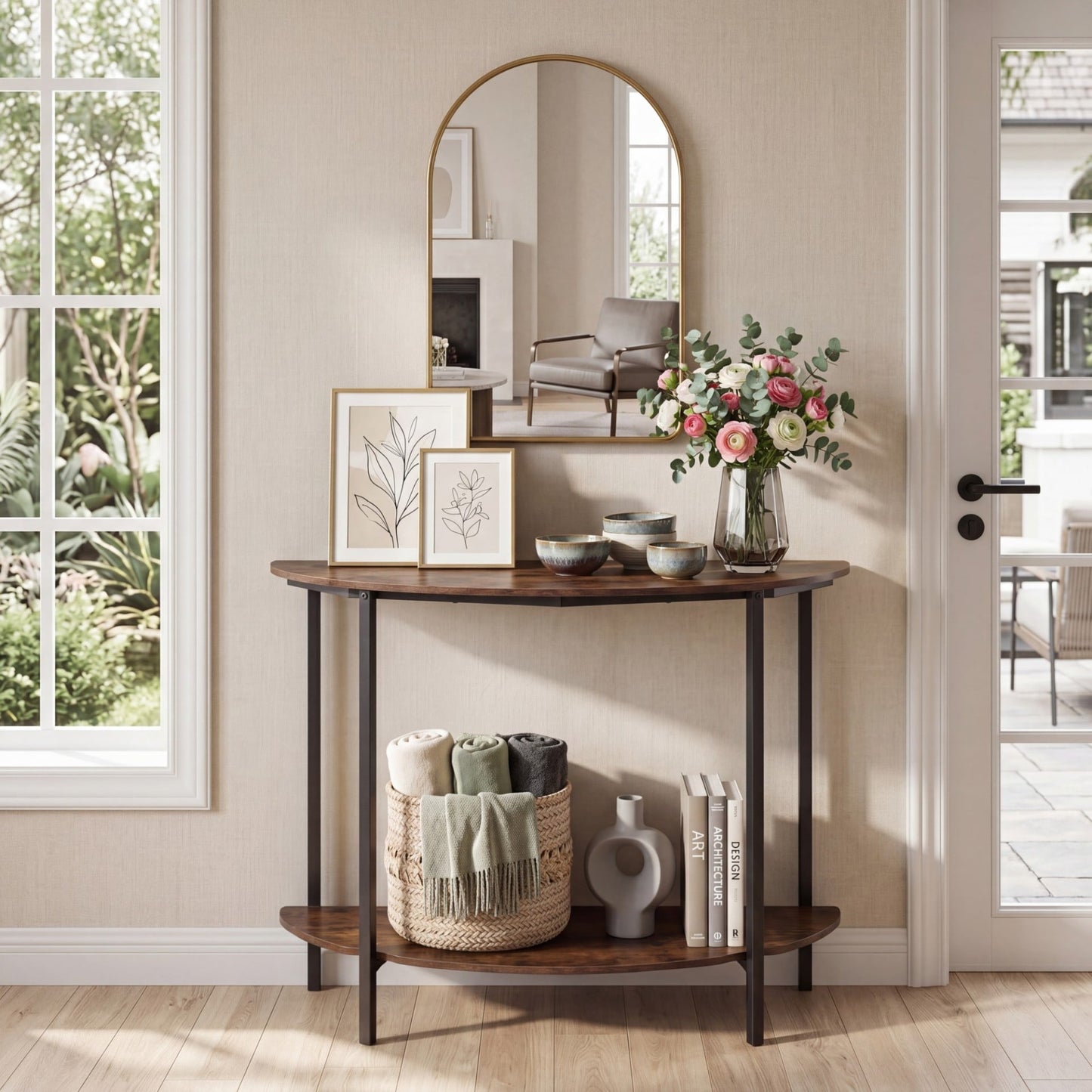 2-Tier Industrial Sofa Couch Table with Open Storage Shelf and Heavy-duty Metal Frame-Rustic Brown