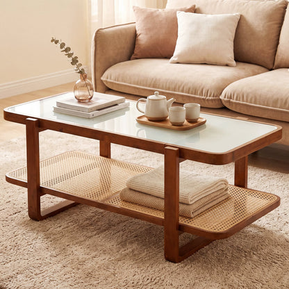2-Tier Rectangular Center Table with Frosted Tempered Glass Top and Storage Shelf-Walnut