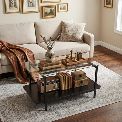 2-Tier Rectangular Tempered Glass Coffee Table with Storage Shelf-Black