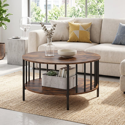 2-Tier Round Coffee Table with Open Shelf & Metal Frame for Living Room Small Spaces-Rustic Brown