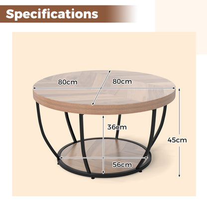 2-Tier Round Coffee Table with Storage Metal Frame Tea Cocktail Table-Natural Colour