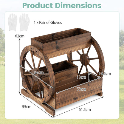 2-Tier Rustic Wood Wagon Planter with 3 Growing Boxes and Drainage Holes-Coffee