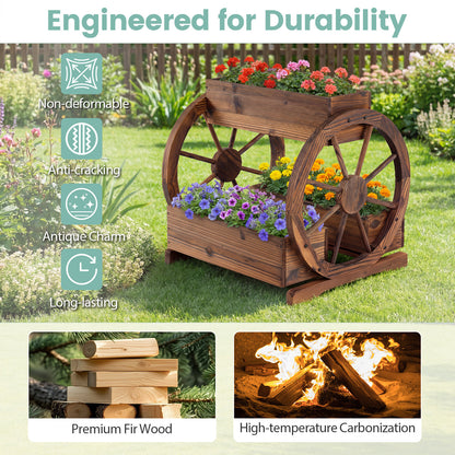 2-Tier Rustic Wood Wagon Planter with 3 Growing Boxes and Drainage Holes-Coffee