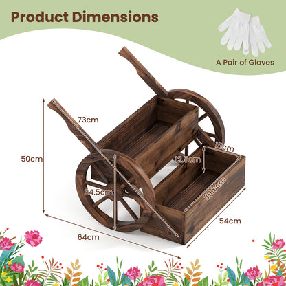 2-Tier Wooden Wagon Planter Box Decorative Raised Garden Bed with Wheels-Coffee