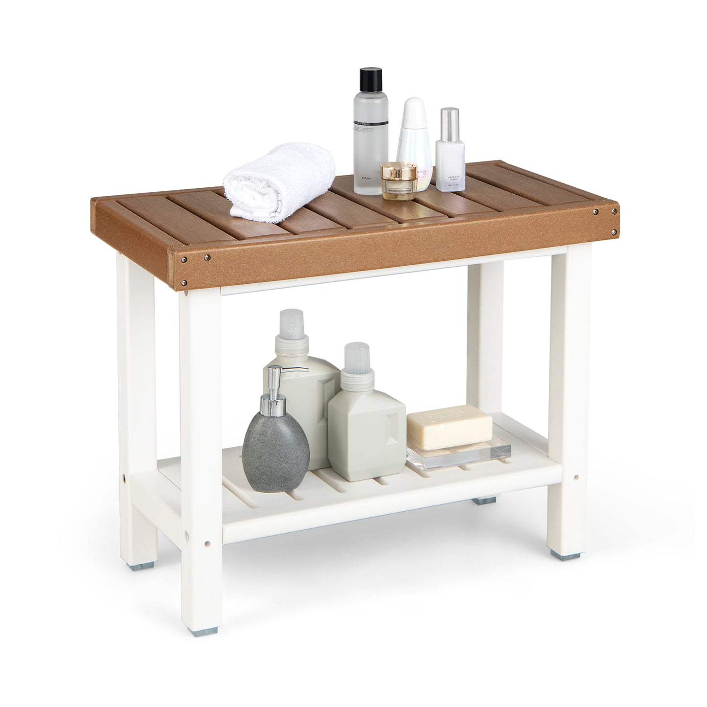 2-Tier Waterproof HDPE Bathroom Shower Stool with Storage Shelf-Brown