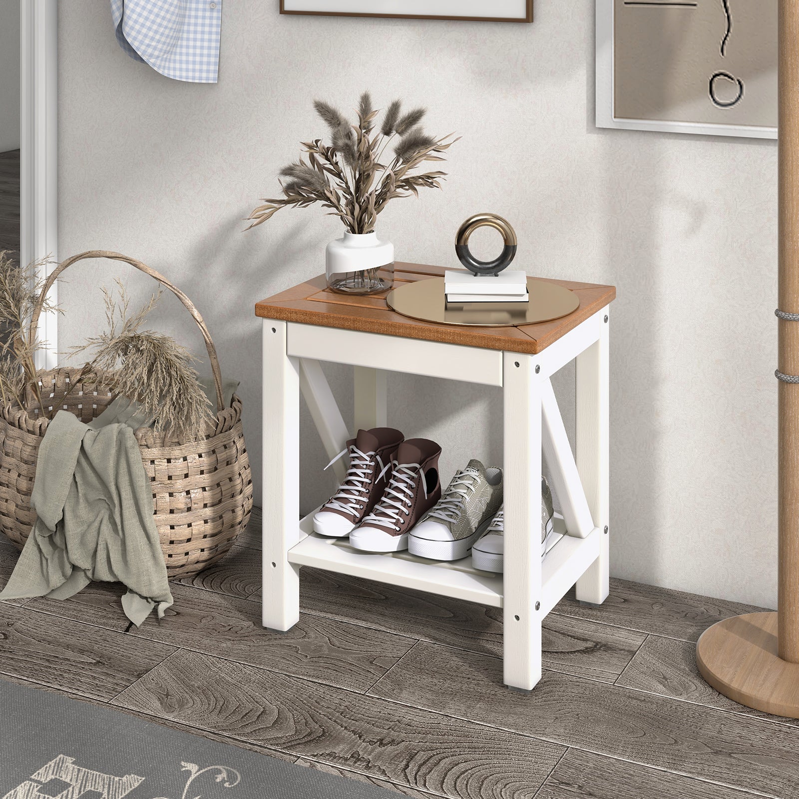 2-Tier Waterproof Shower Bench with Storage Shelf-Brown