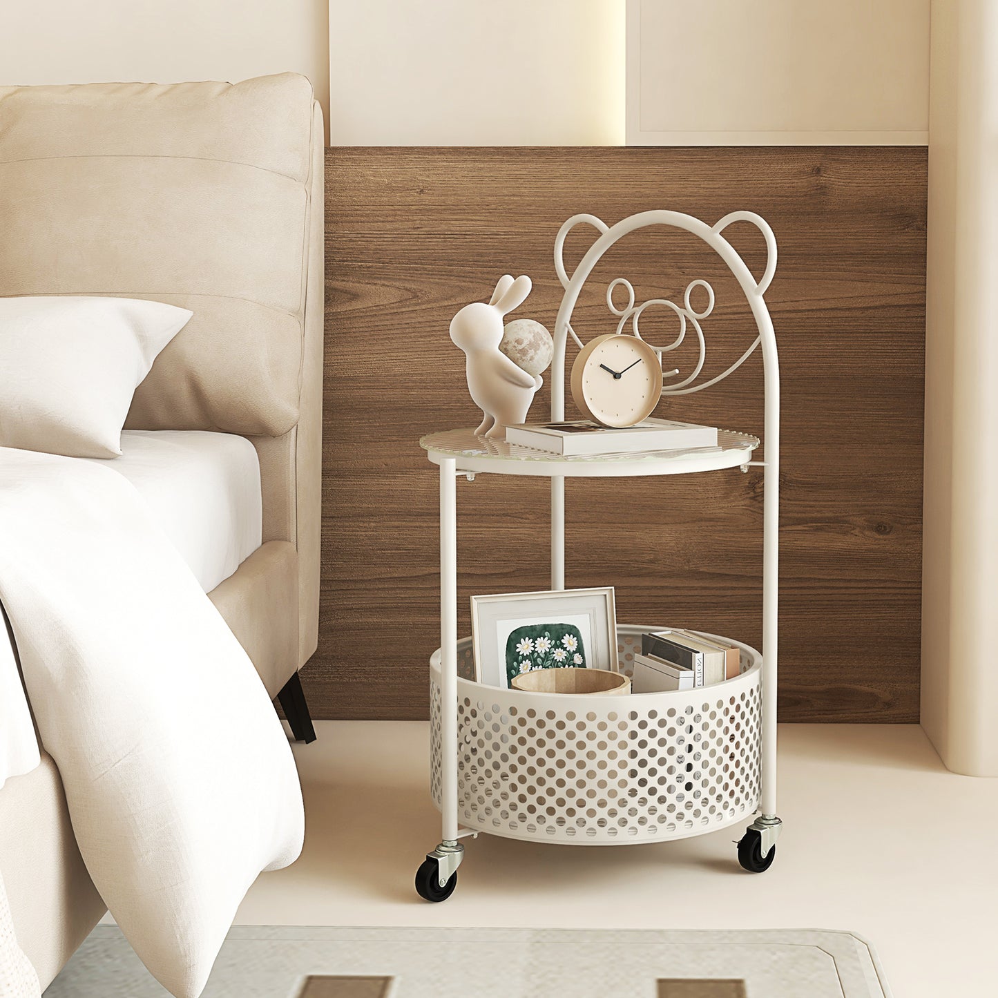 2-Tier Mobile Glass Coffee Table with Bear Pattern and Storage Basket-White