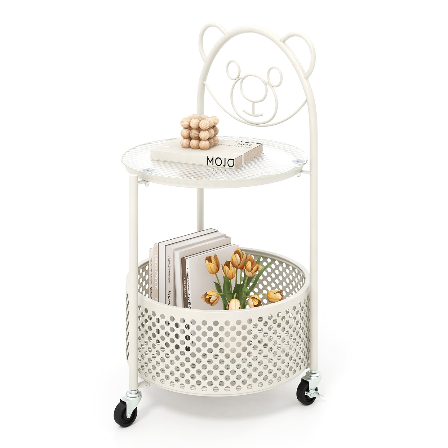 2-Tier Mobile Glass Coffee Table with Bear Pattern and Storage Basket-White