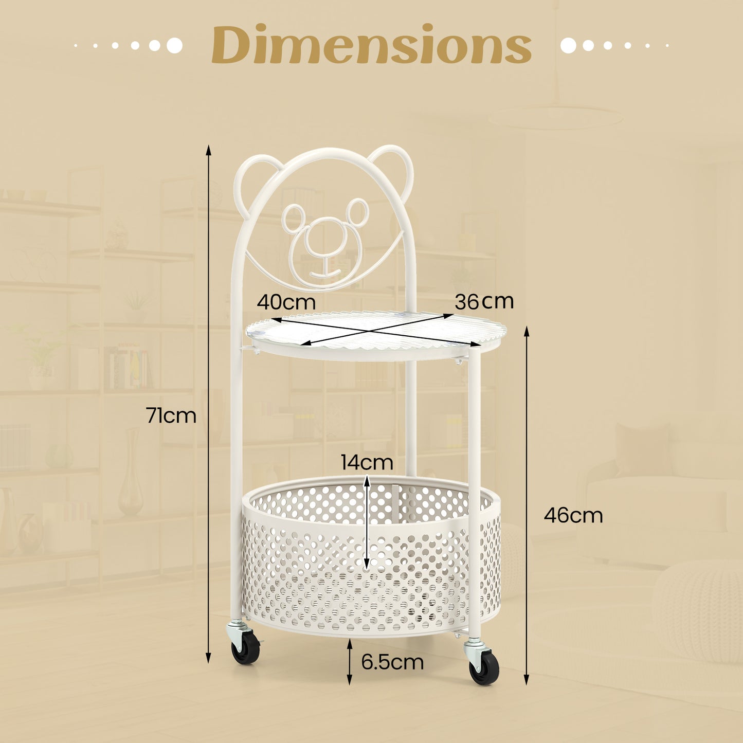 2-Tier Mobile Glass Coffee Table with Bear Pattern and Storage Basket-White