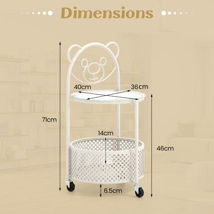 2-Tier Mobile Glass Coffee Table with Bear Pattern and Storage Basket-White