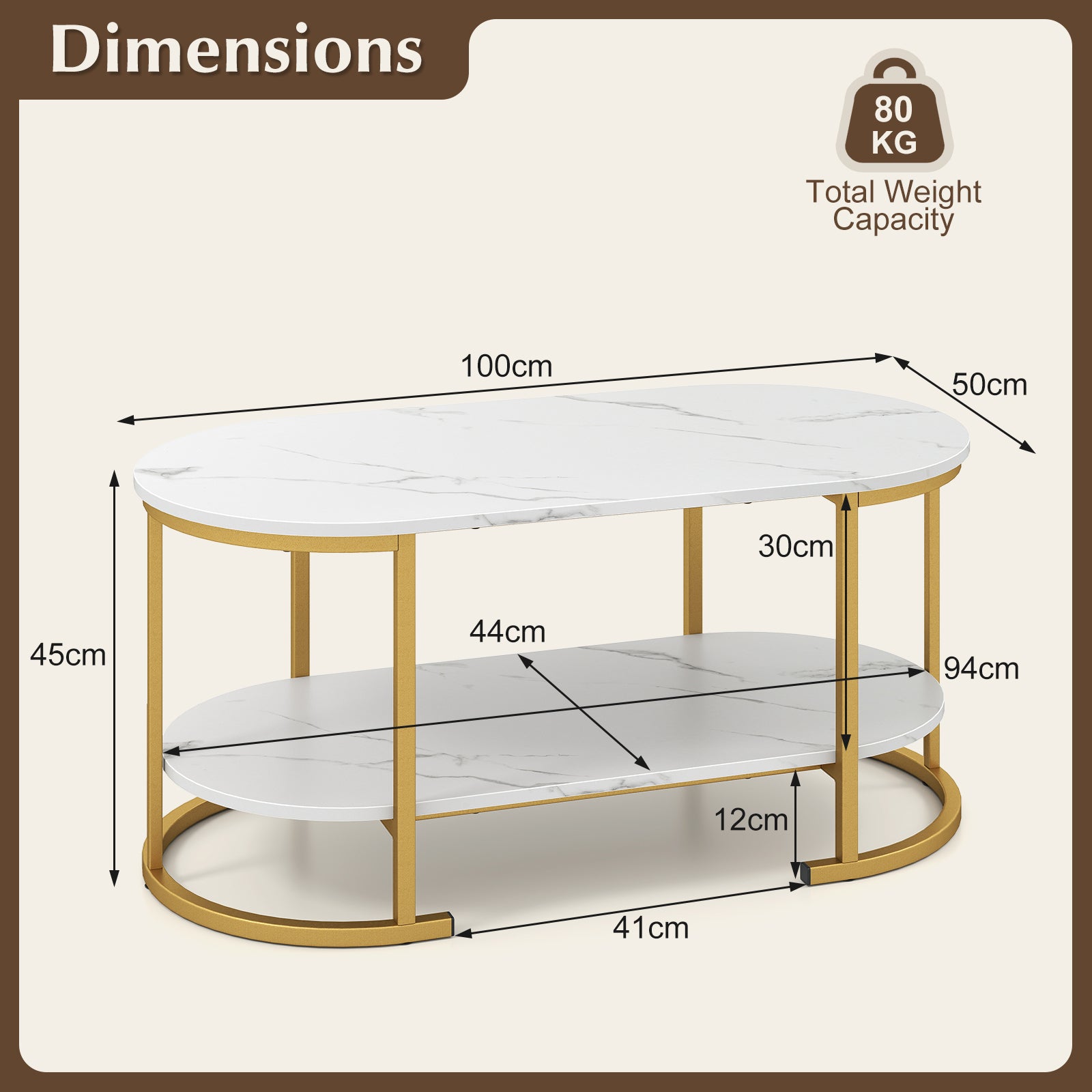2-Tier Oval Coffee Table with Storage and Faux Marble Top-White