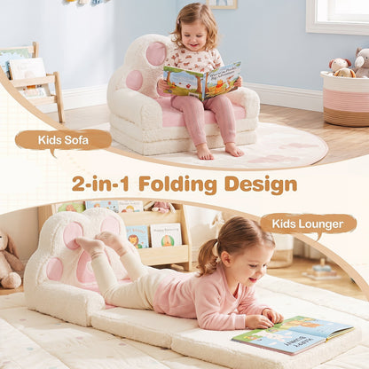 2-in-1 Convertible Kids Sofa to Lounger with Removable Cover and Bear's Paw Patterns-Pink
