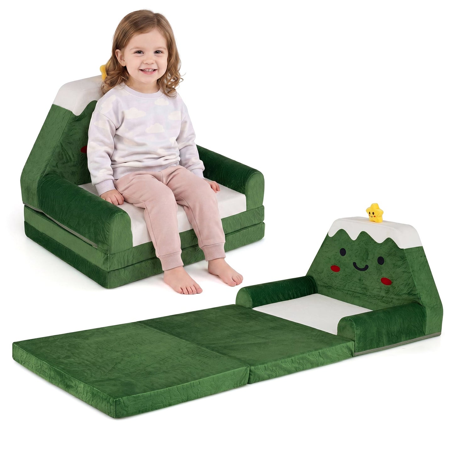 2-in-1 Convertible Kids Sofa to Lounger with Removable Cover and Christmas Patterns-Green
