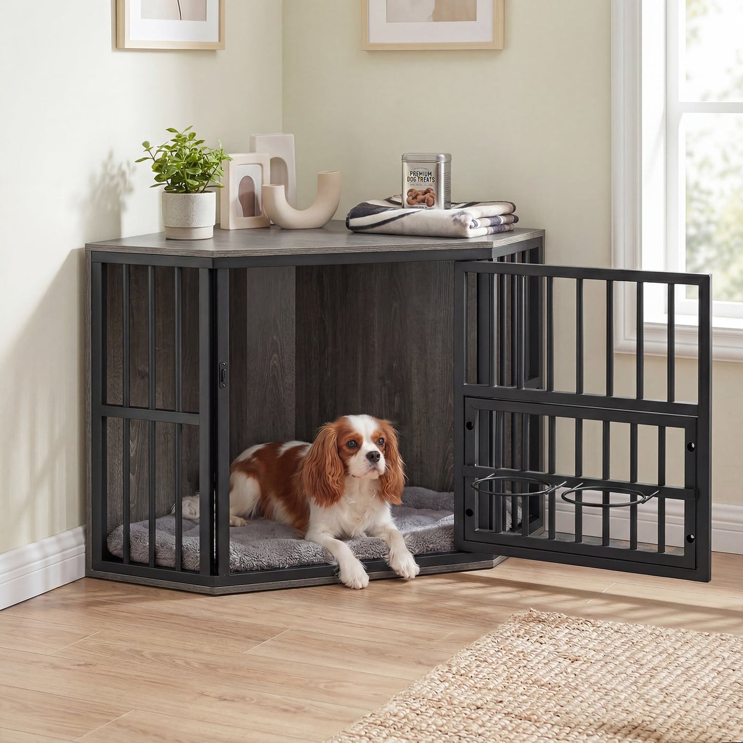 2-in-1 Dog Kennel and Decorative TV Stand with Dog Bowl Rack-Grey