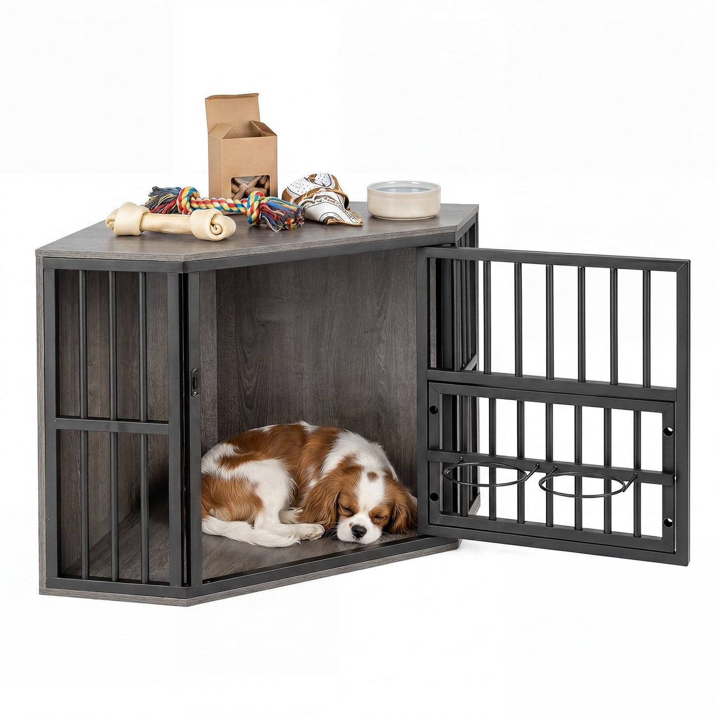 2-in-1 Dog Kennel and Decorative TV Stand with Dog Bowl Rack-Grey