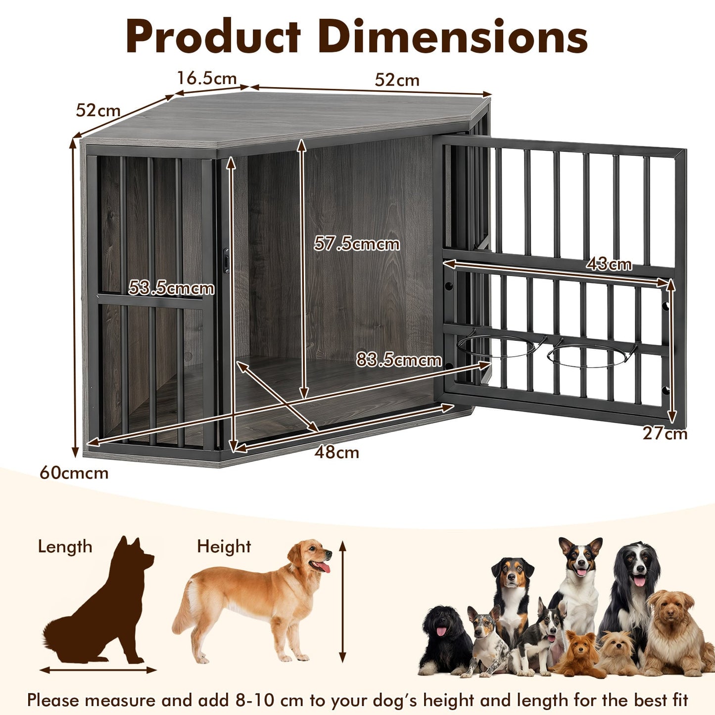 2-in-1 Dog Kennel and Decorative TV Stand with Dog Bowl Rack-Grey