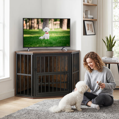 2-in-1 Dog Kennel and Decorative TV Stand with Dog Bowl Rack-Rusticbrown