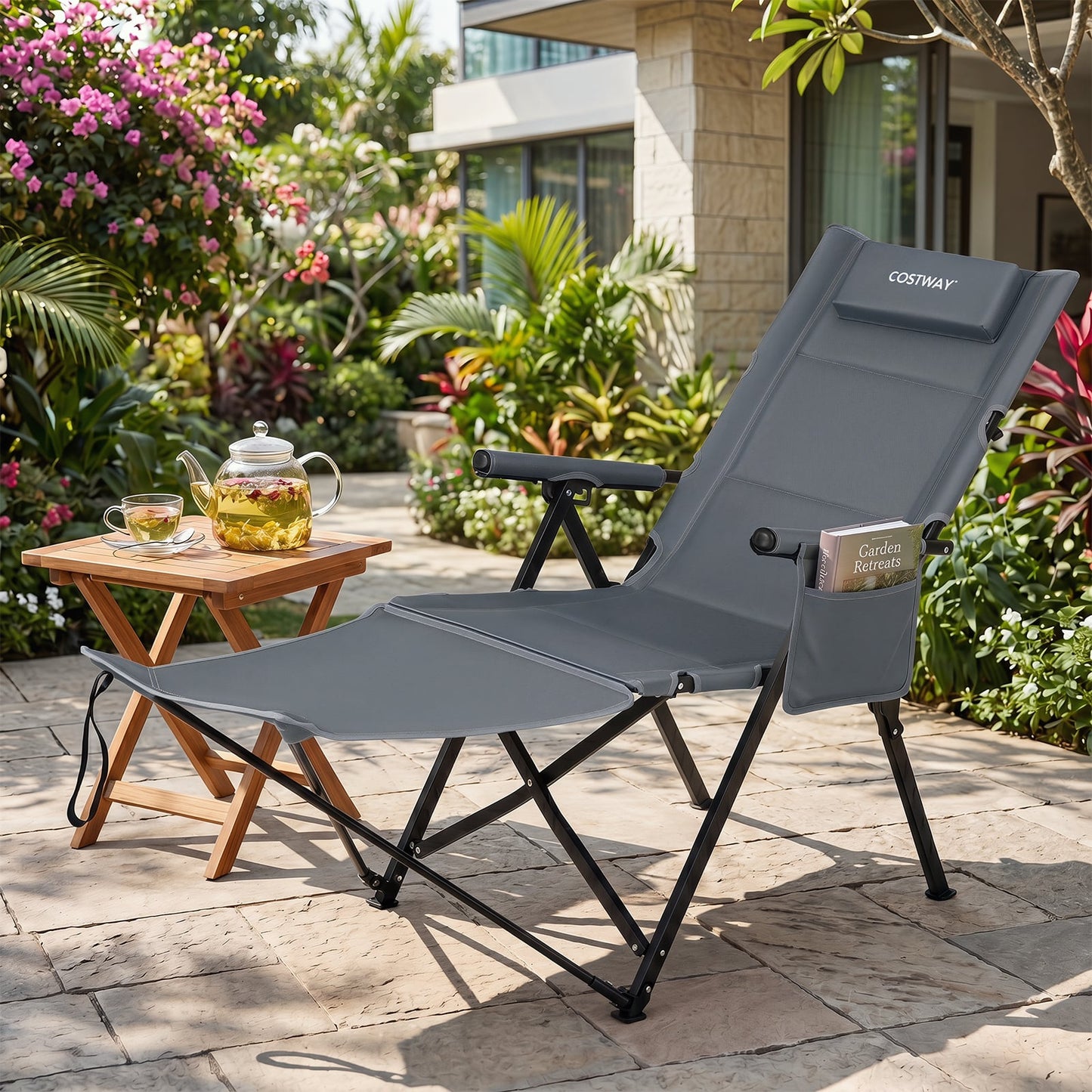 2-in-1 Reclining Camping Chair with Footrest Folding Portable Beach Lounge Chair-Grey