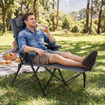 2-in-1 Reclining Camping Chair with Footrest Folding Portable Beach Lounge Chair-Grey