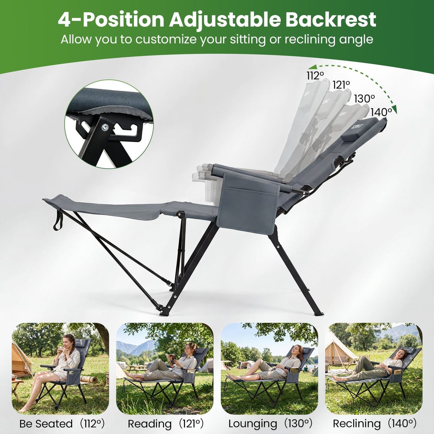 2-in-1 Reclining Camping Chair with Footrest Folding Portable Beach Lounge Chair-Grey