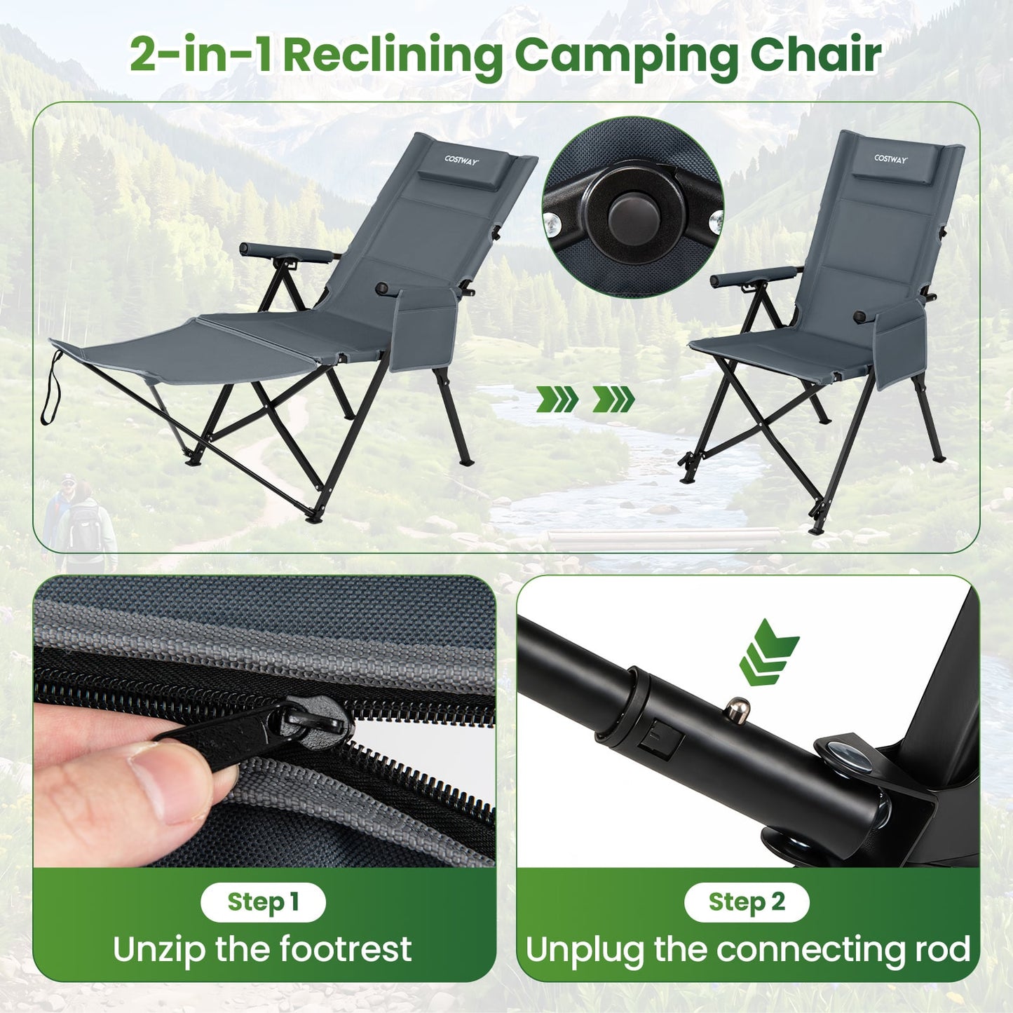 2-in-1 Reclining Camping Chair with Footrest Folding Portable Beach Lounge Chair-Grey