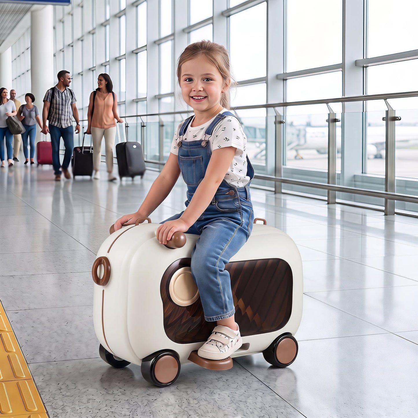 2-in-1 Ride-on Luggage for with Retractable Pedal and Strap for Ages 2+ Kids-Brown
