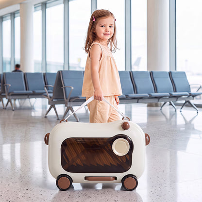 2-in-1 Ride-on Luggage for with Retractable Pedal and Strap for Ages 2+ Kids-Brown