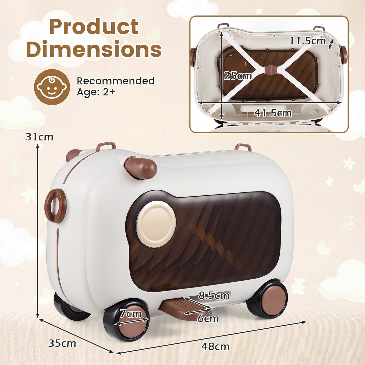 2-in-1 Ride-on Luggage for with Retractable Pedal and Strap for Ages 2+ Kids-Brown