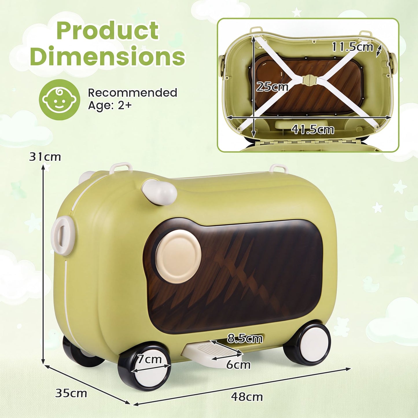 2-in-1 Ride-on Luggage for with Retractable Pedal and Strap for Ages 2+ Kids-Green