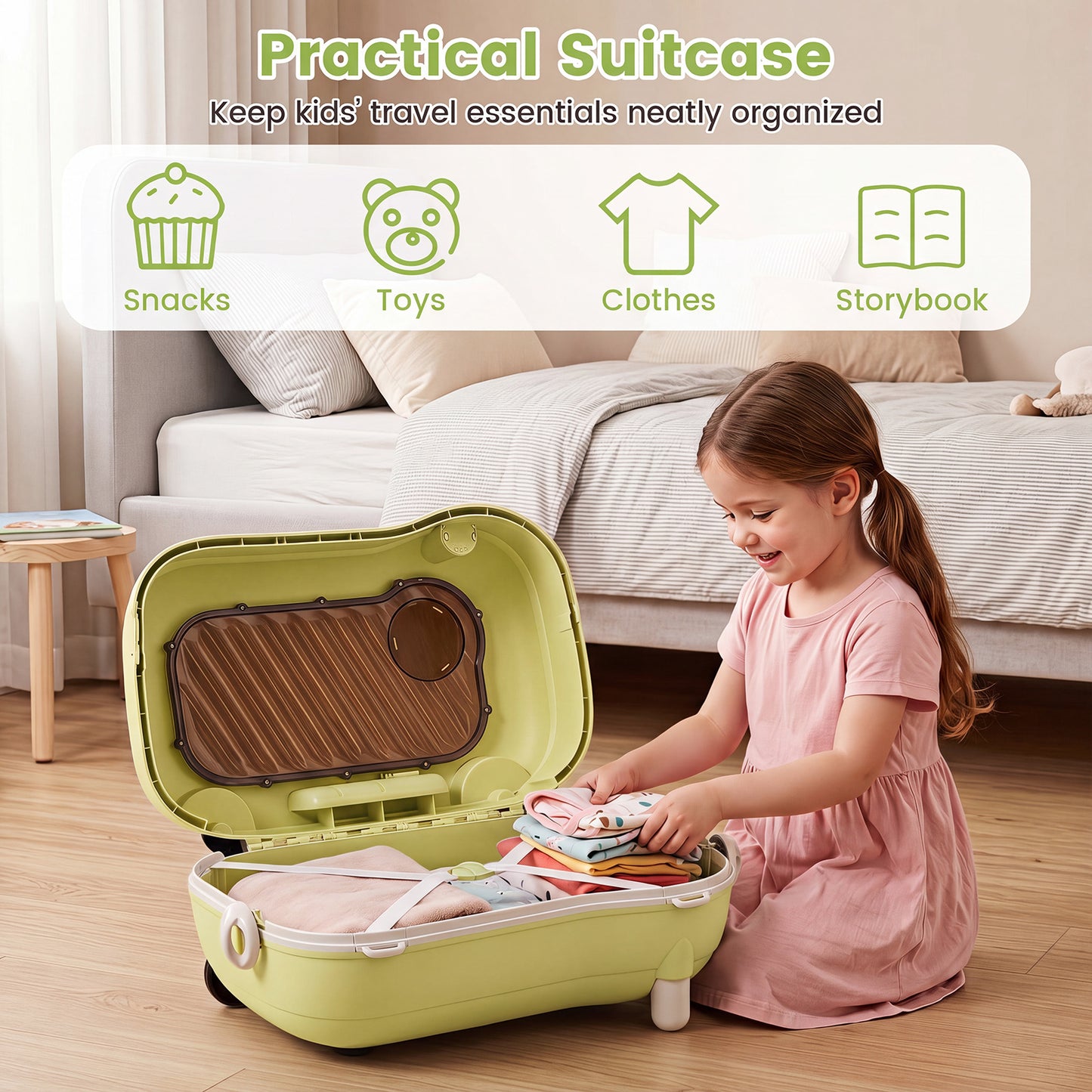 2-in-1 Ride-on Luggage for with Retractable Pedal and Strap for Ages 2+ Kids-Green