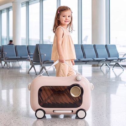 2-in-1 Ride-on Luggage for with Retractable Pedal and Strap for Ages 2+ Kids-Pink